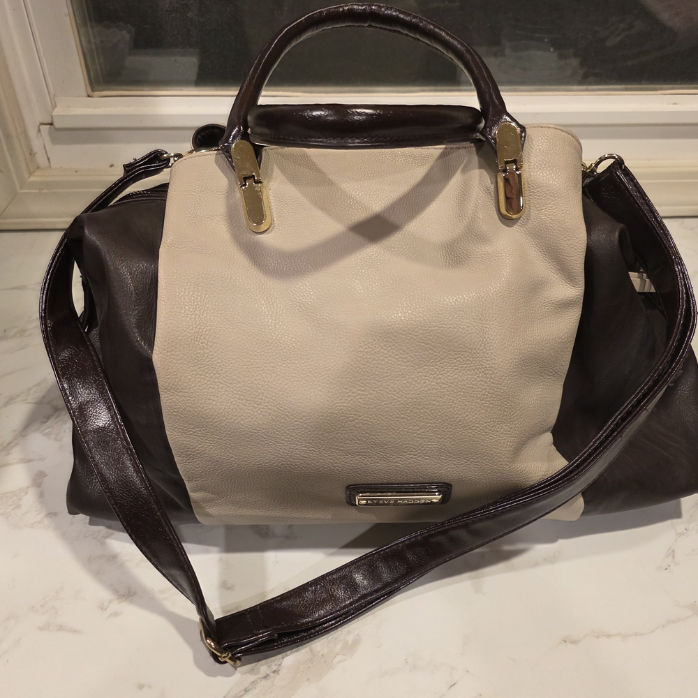 Steve Madden Cream and Dark Brown Two-Tone Weekender with Gold Hardware